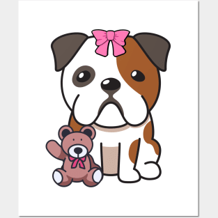 Cute bulldog holds a teddy bear Posters and Art